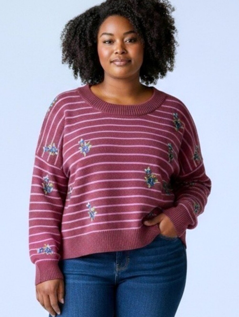 Joseph A. Purple Striped Embroidered Floral Neck Sweater Women's Size XXL NWT